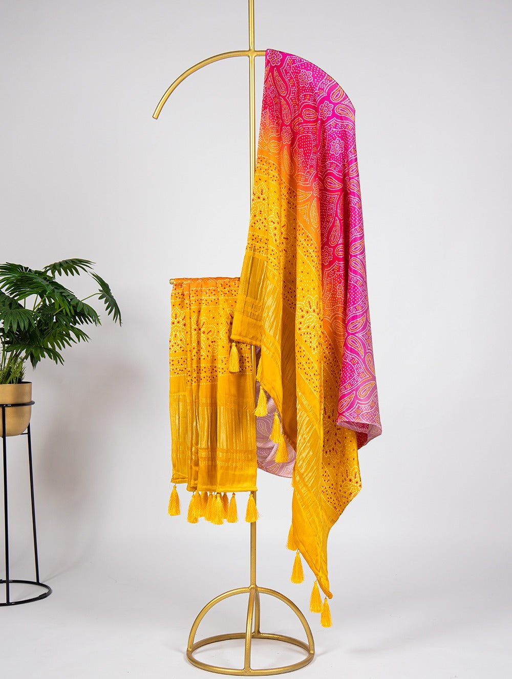 Yellow Pink Combination Gajji Silk Bandhej Print Dupatta for Matching Lehenga