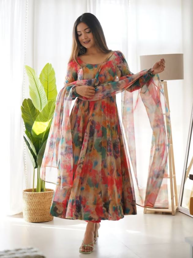 Pure Organza Silk Printed Readymade Anarkali Gown with Pant Dupatta