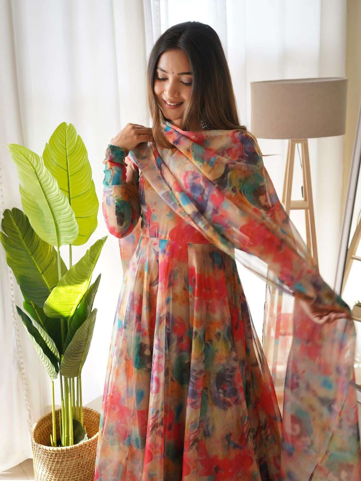 Pure Organza Silk Printed Readymade Anarkali Gown with Pant Dupatta