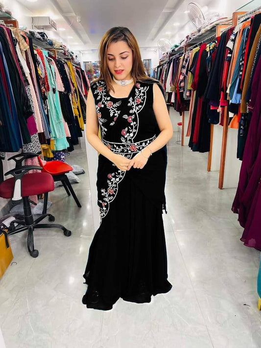 Party Wear Stylish Georgette Embroidered Cross Designer Gown with Belt