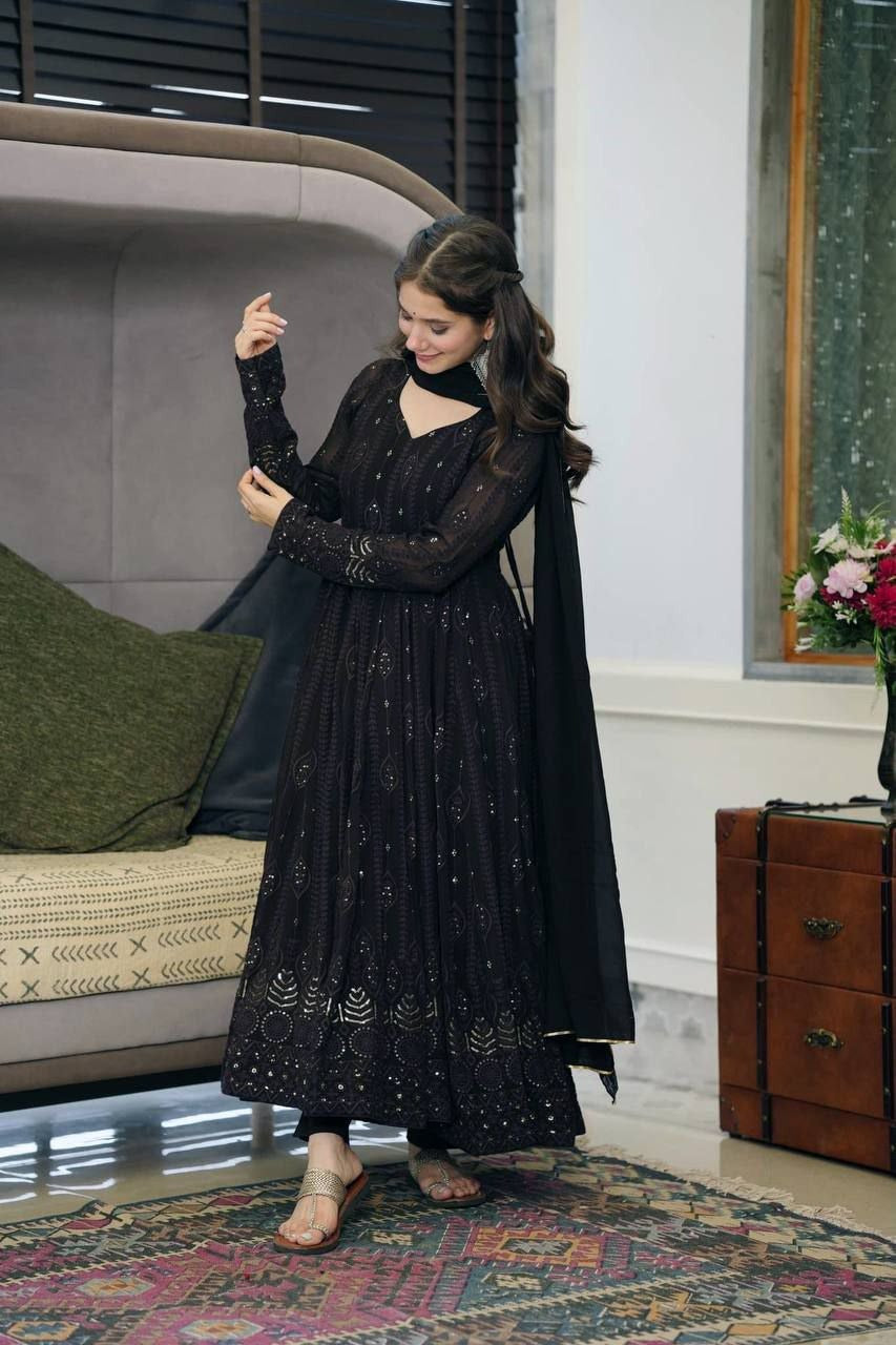 Wedding Wear Black Georgette Embroidered Full Stitched Suit