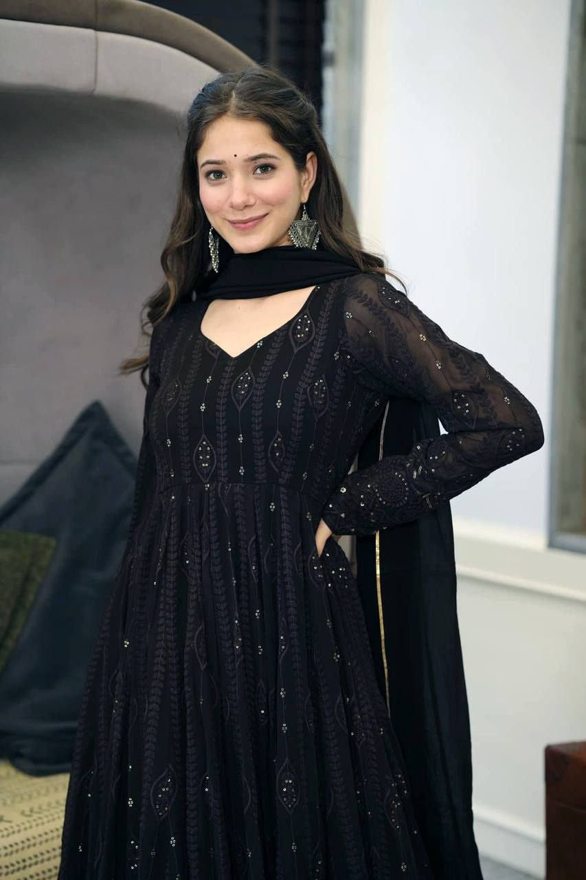 Wedding Wear Black Georgette Embroidered Full Stitched Suit