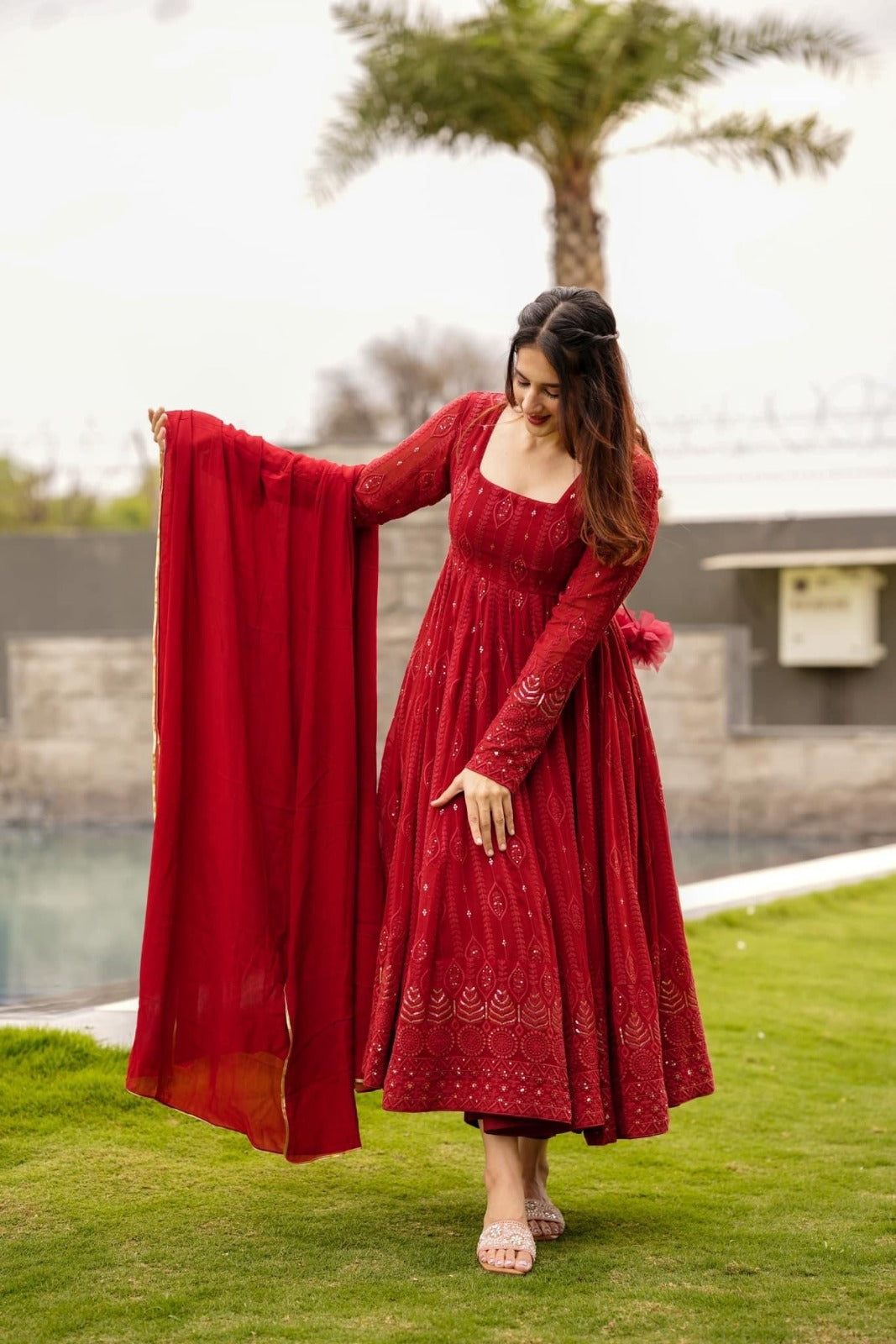 Function Wear Red Color Gerogette Readymade Gown For Girls