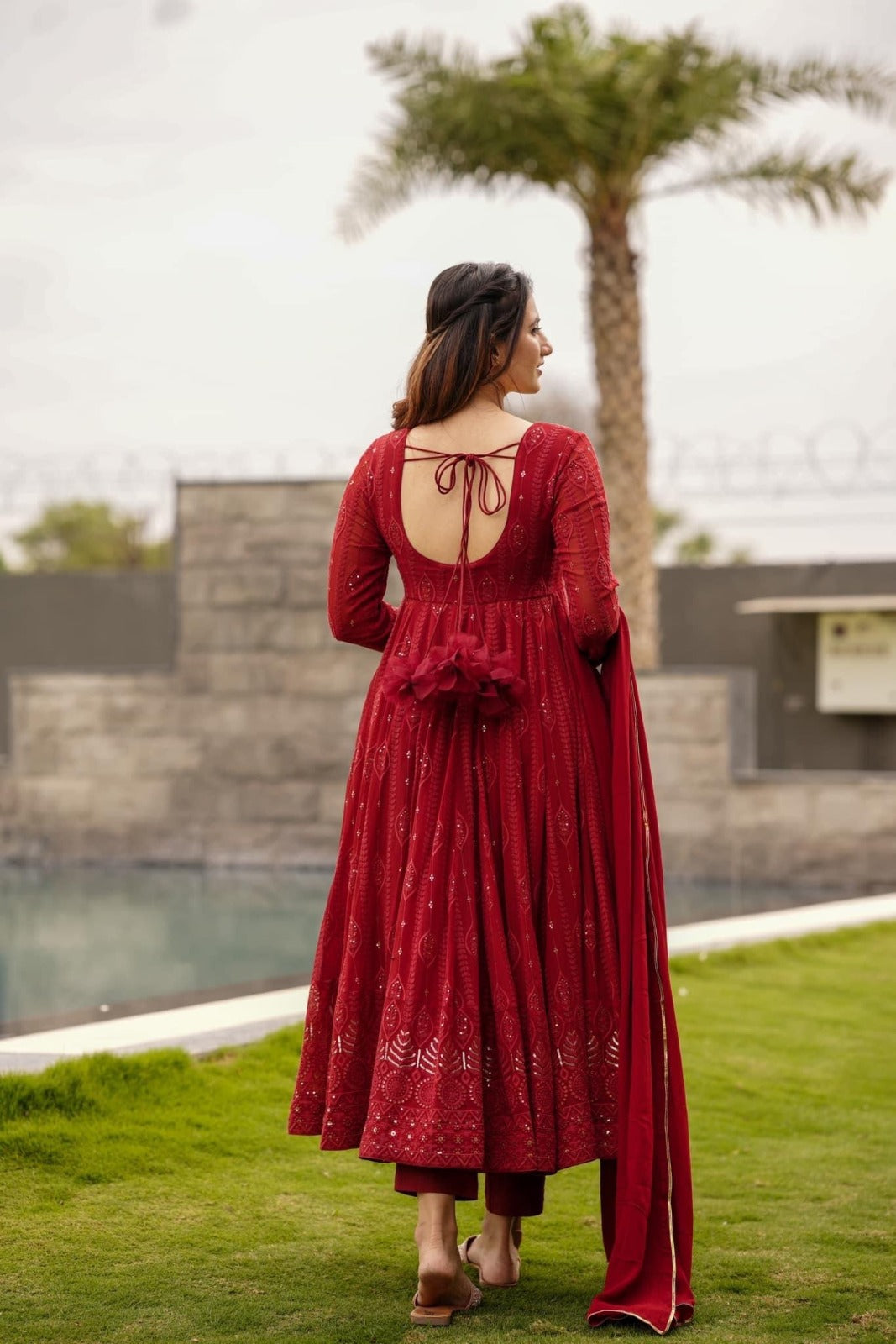 Function Wear Red Color Gerogette Readymade Gown For Girls