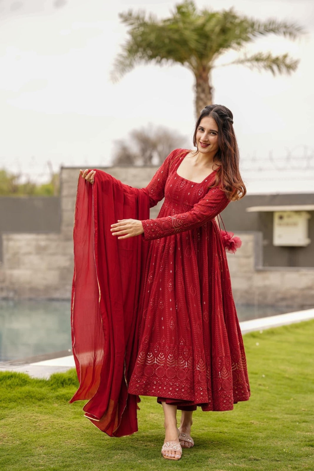 Function Wear Red Color Gerogette Readymade Gown For Girls