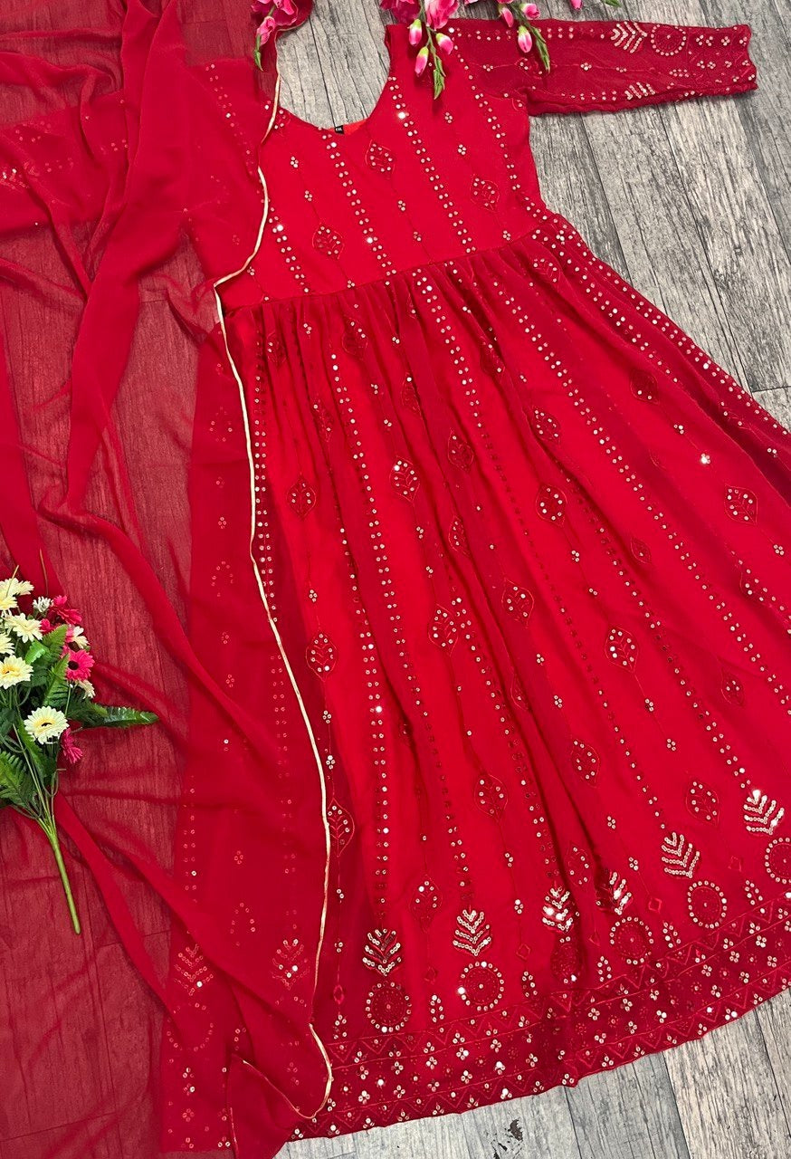 Function Wear Red Color Gerogette Readymade Gown For Girls