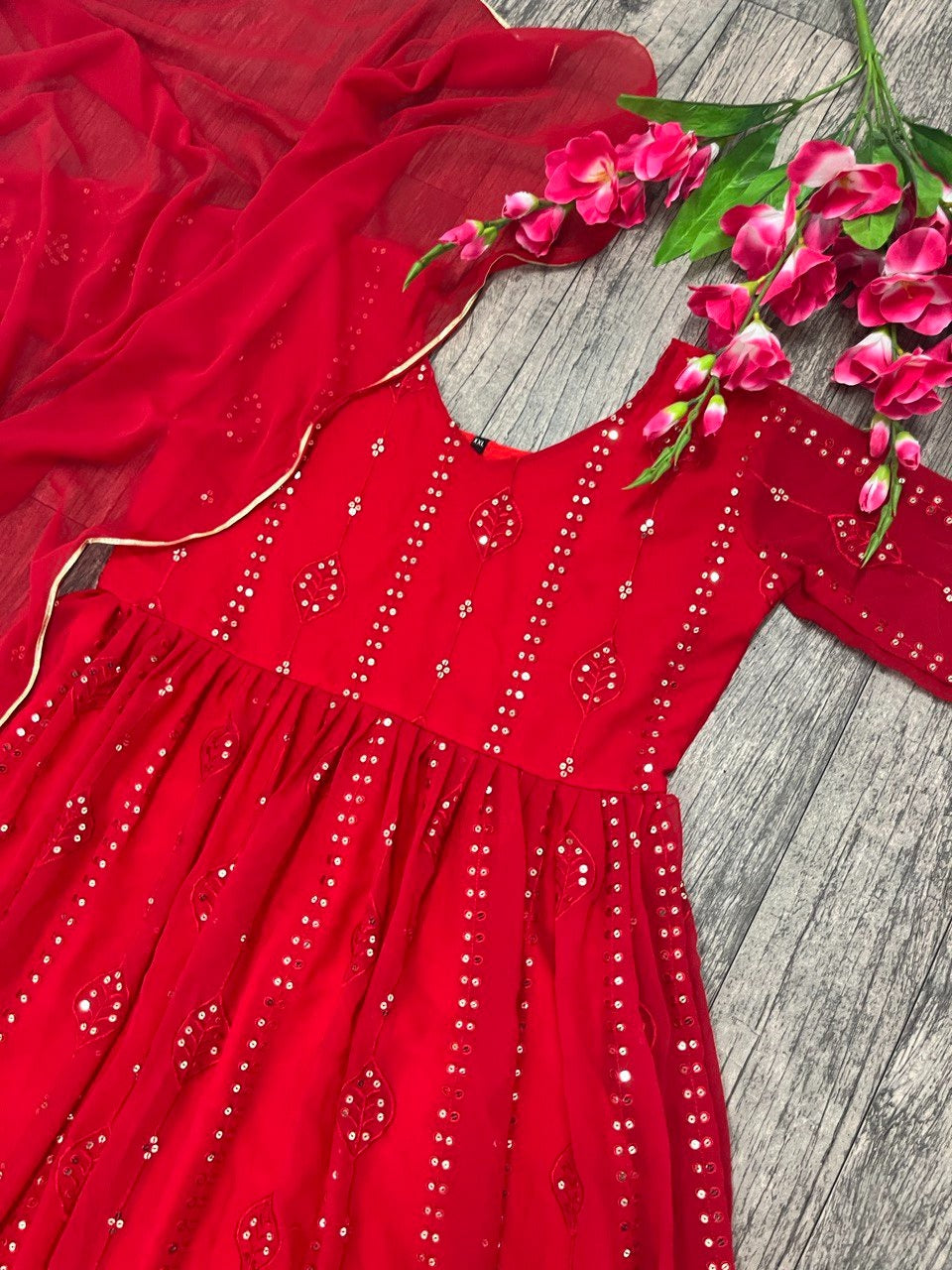 Function Wear Red Color Gerogette Readymade Gown For Girls