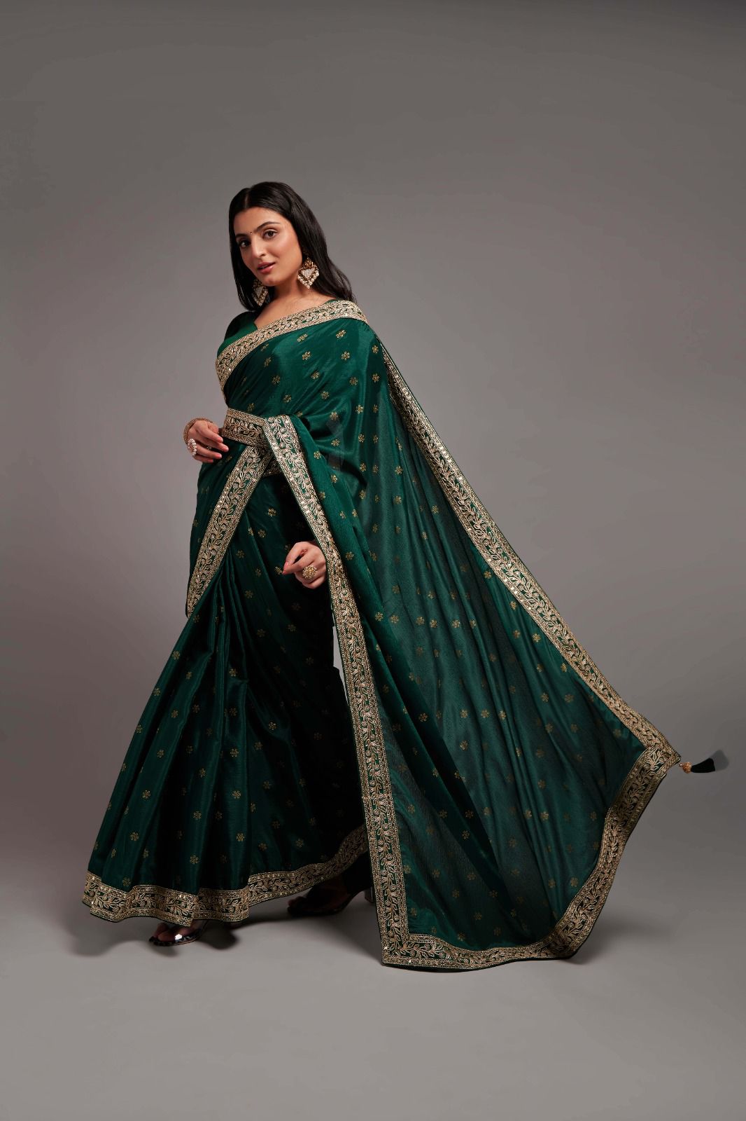 Designer Green Color Chinon Silk All Over print and Coding Work Saree