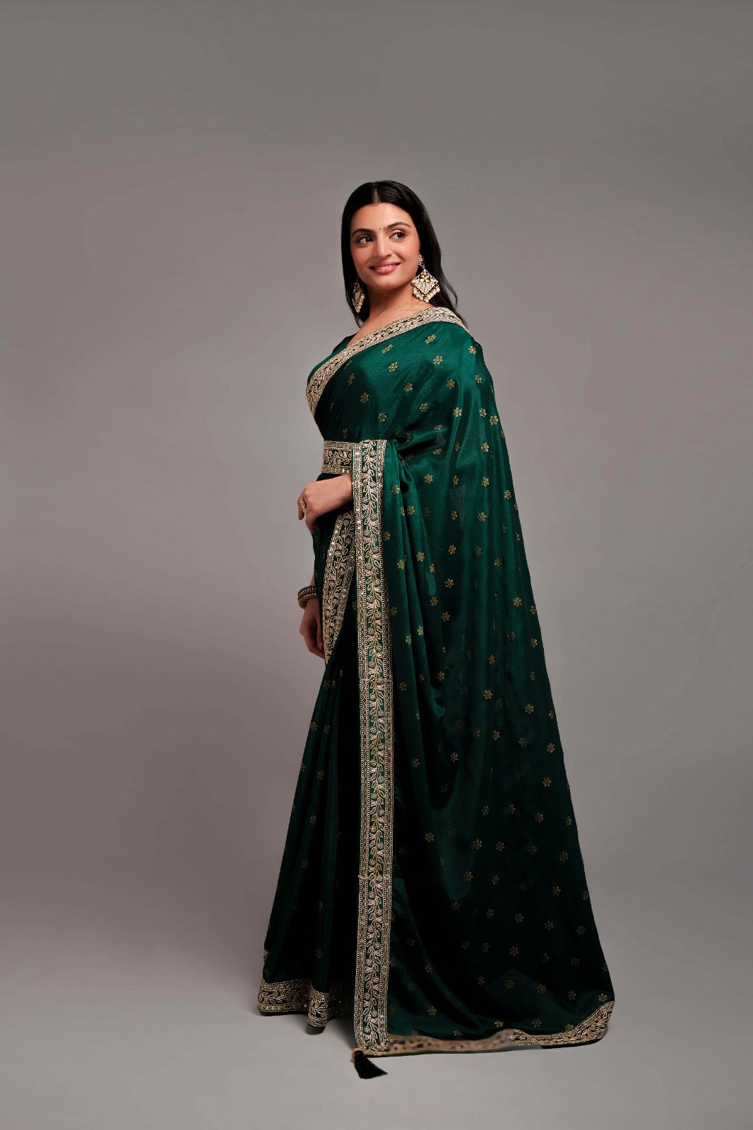 Designer Green Color Chinon Silk All Over print and Coding Work Saree