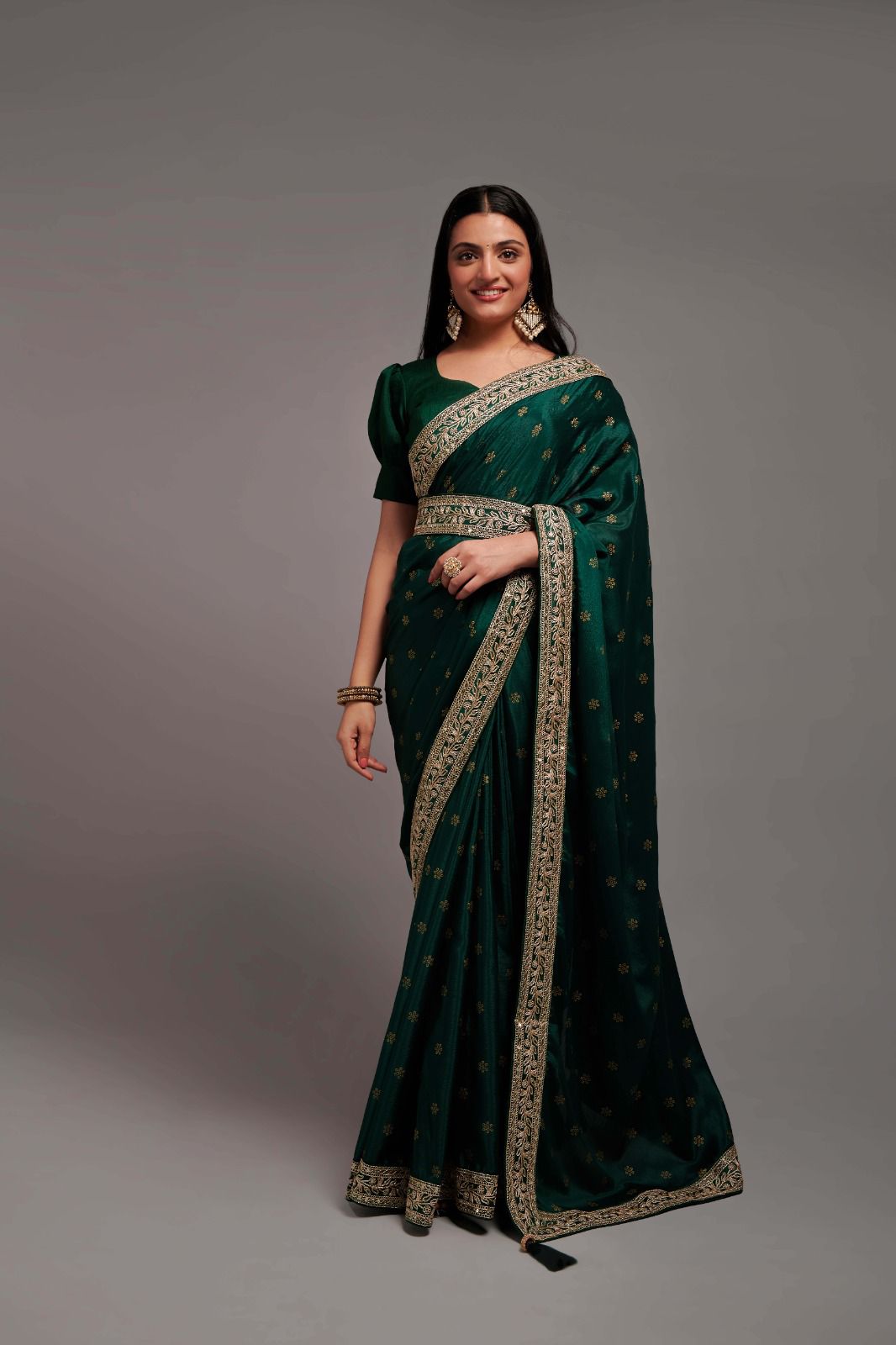 Party Wear Chinon Silk All Over Print and Coding Border Work Designer Saree