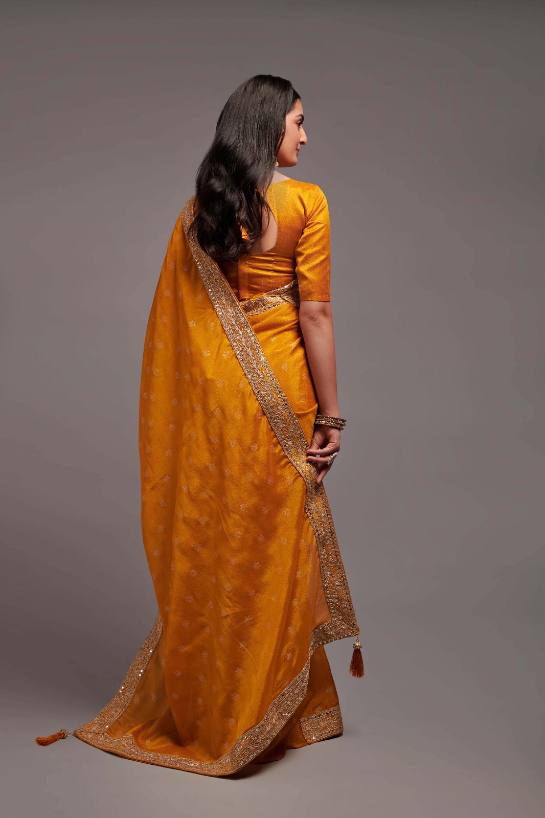 Party Wear Mustard Color Chinon Silk All Over print and Coding Work Saree