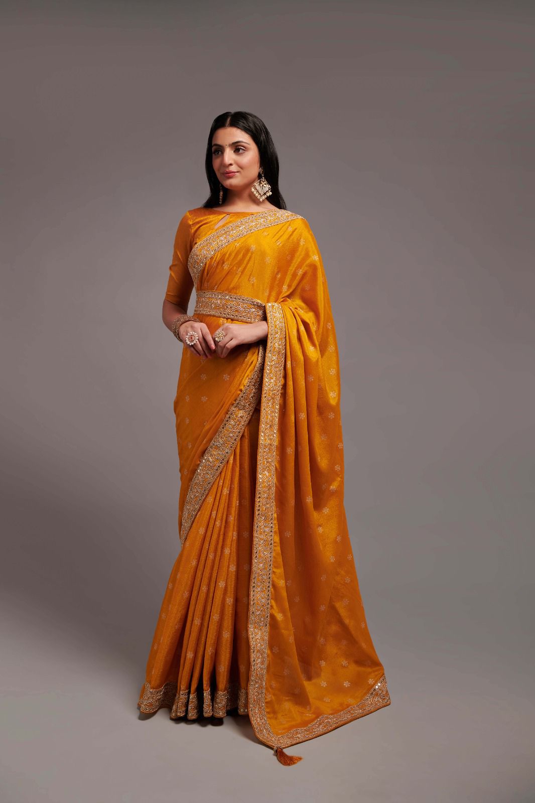 Party Wear Chinon Silk All Over Print and Coding Border Work Designer Saree