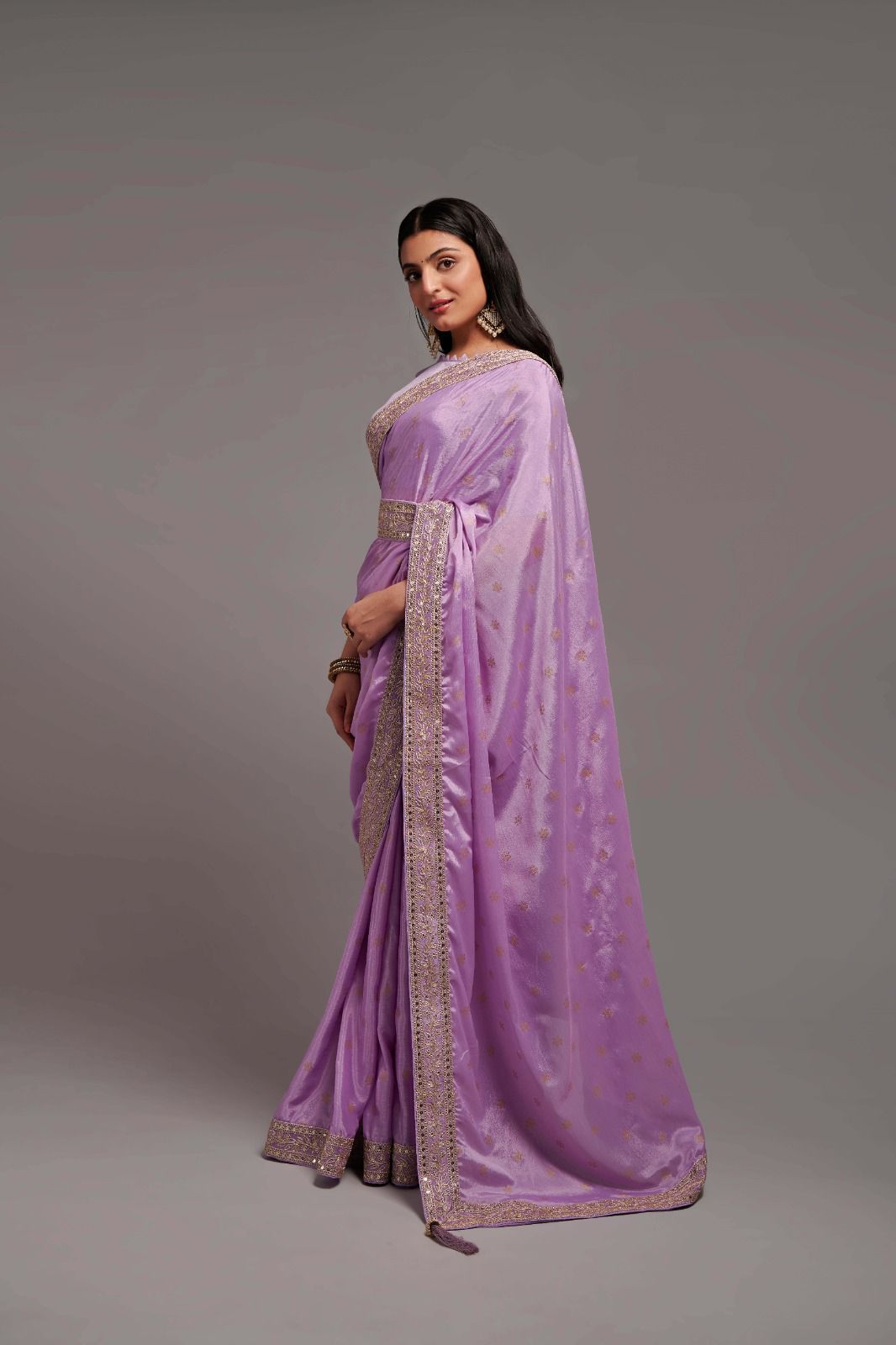 Party Wear Chinon Silk All Over Print and Coding Border Work Designer Saree