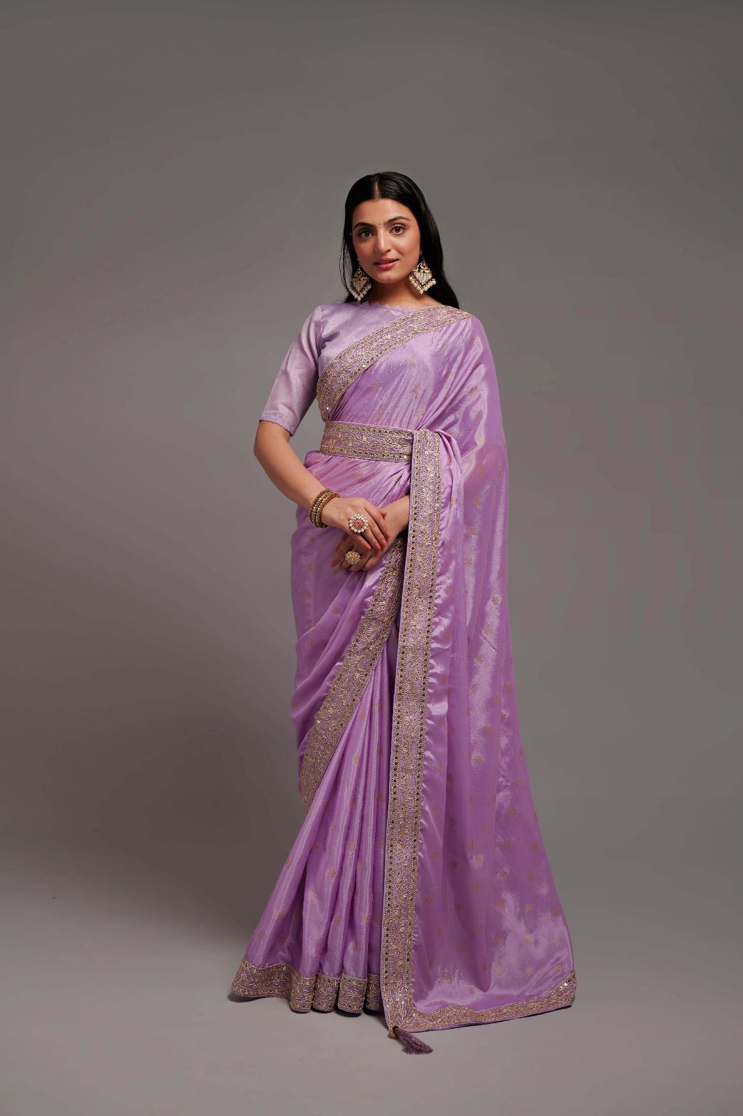 Party Wear Chinon Silk All Over Print and Coding Border Work Designer Saree