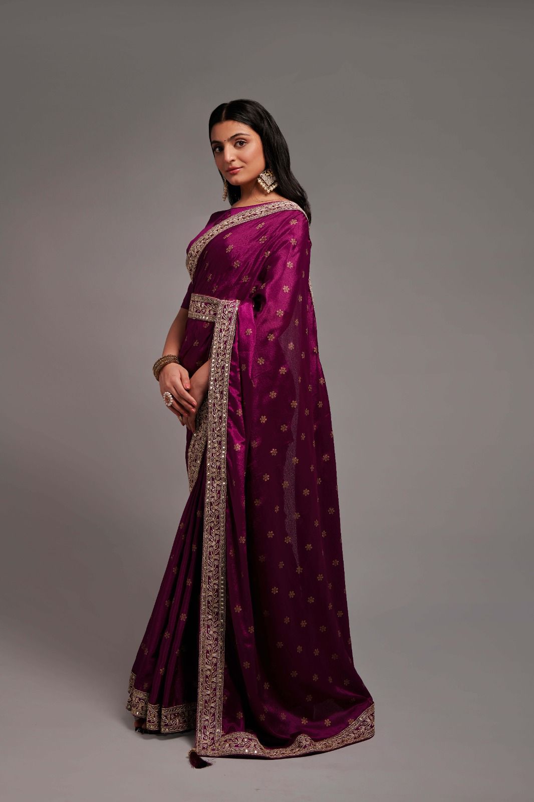 Wine Color Chinon Silk All Over print and Coding Work Saree