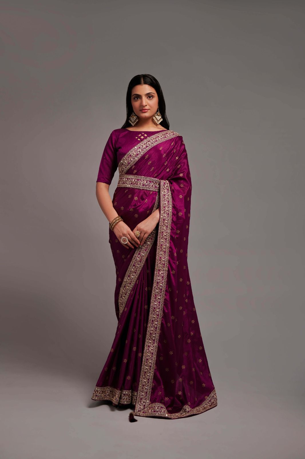 Wine Color Chinon Silk All Over print and Coding Work Saree