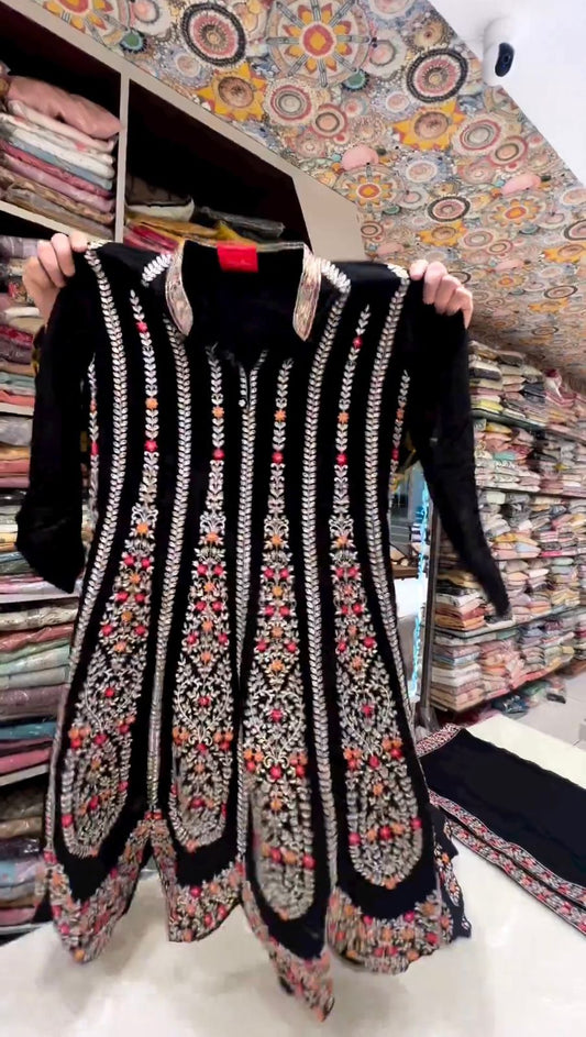 Black Color Georgette Embroidered Sharara Suit Ready to Wear For Women
