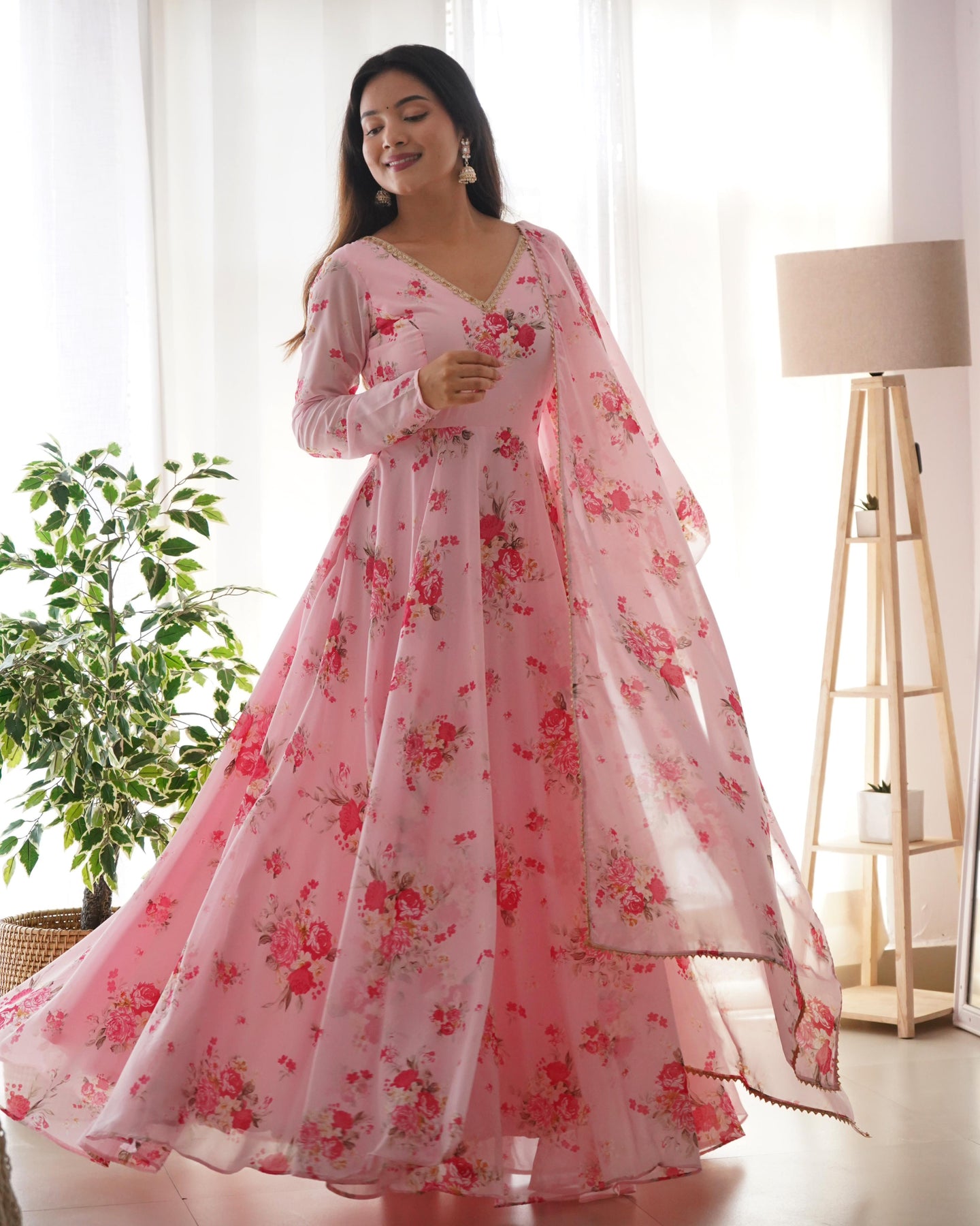 Designer Pink Ready To Wear Printed Anarkali Gown Set For Girls Wear