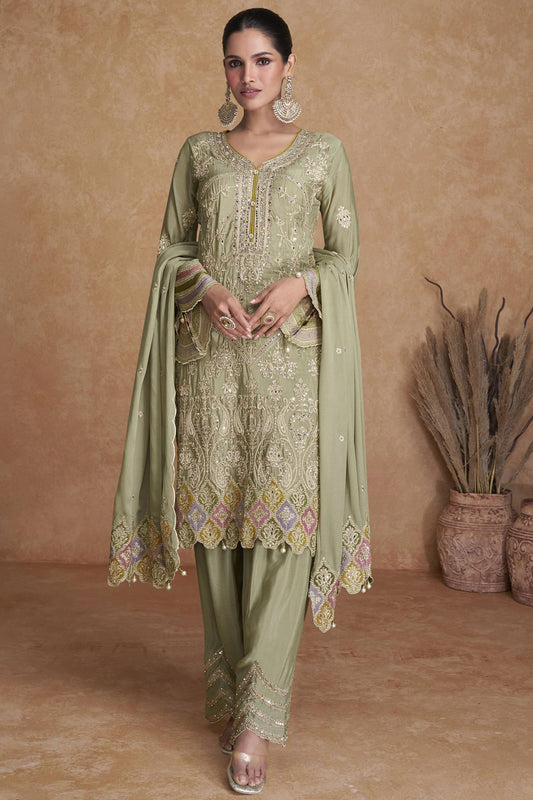 Party Wear Silk Readymade Suit with Embroidered Work