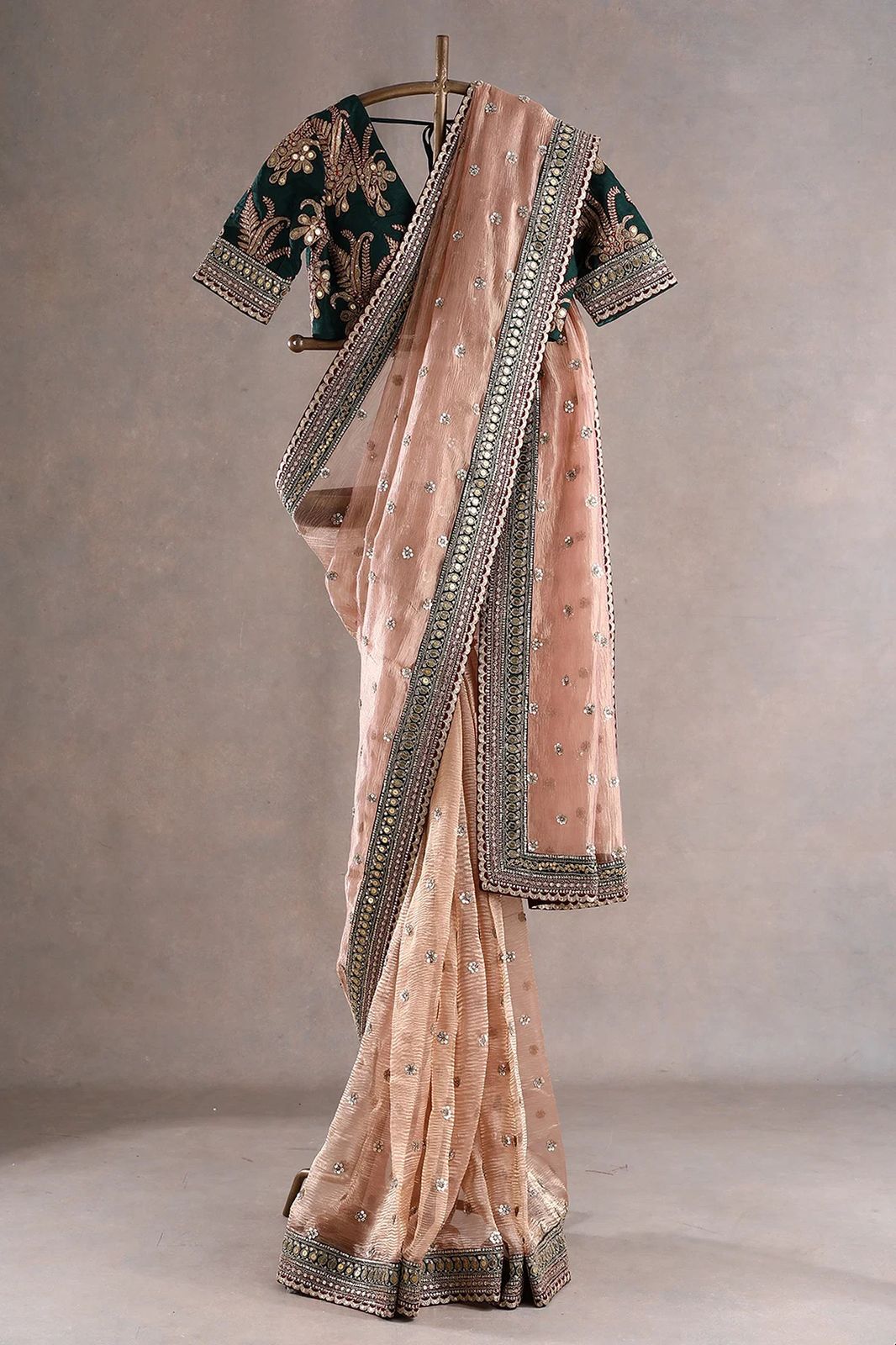 Function Wear Peach Twill Net Saree With Heavy Blouse Work