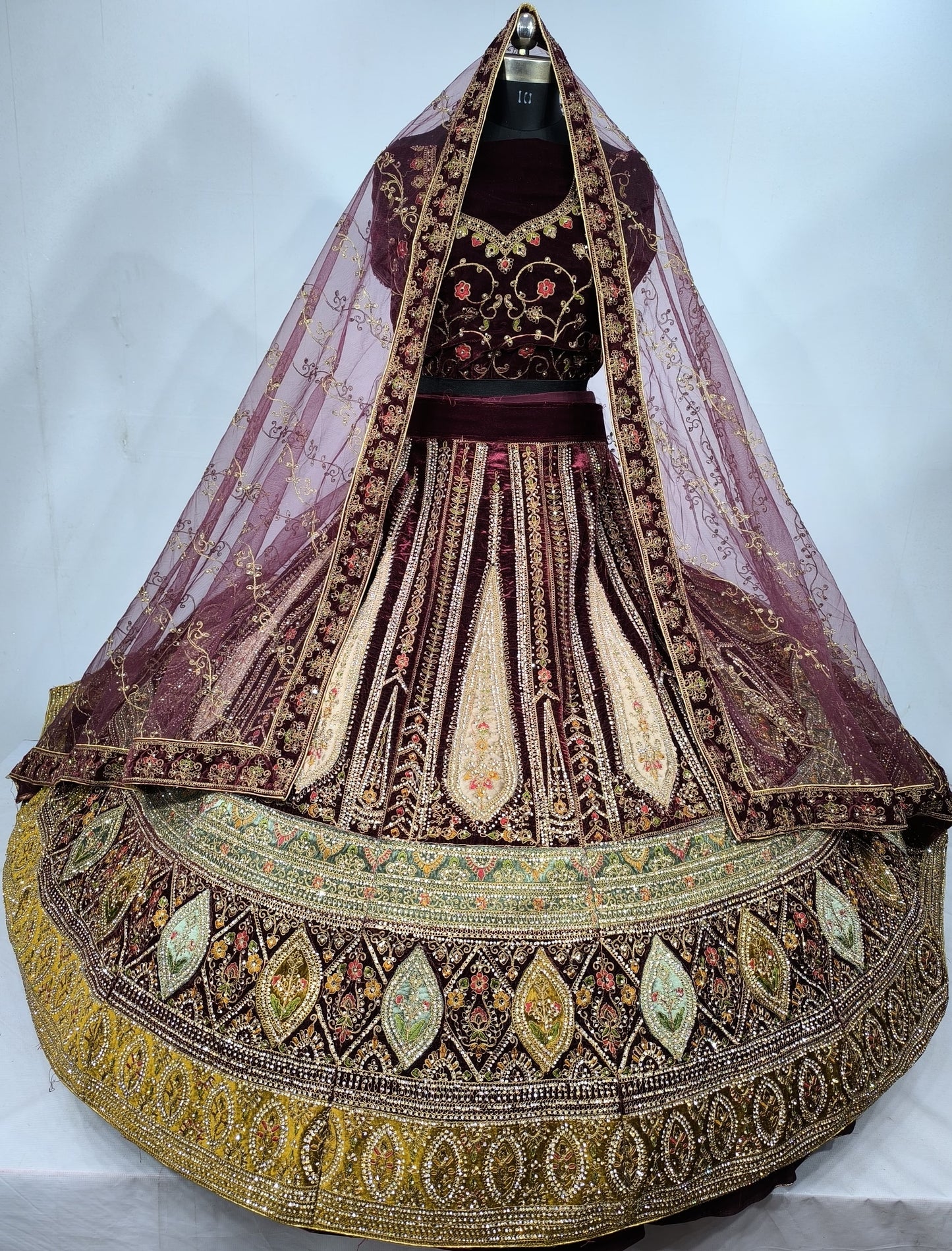 Wedding Special Multi Heavy Velvet Zarkan Diamond Work Bridal Lehenga Choli For Women