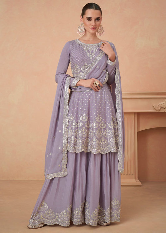 Appealing Violet Color Party Wear Embroidered Work Georgette Indo Western For Ladies