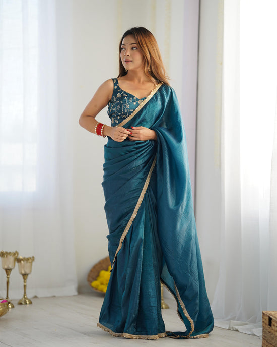 1 Min Ready to Wear Teal Blue Gold Rush Silk Saree Blouse