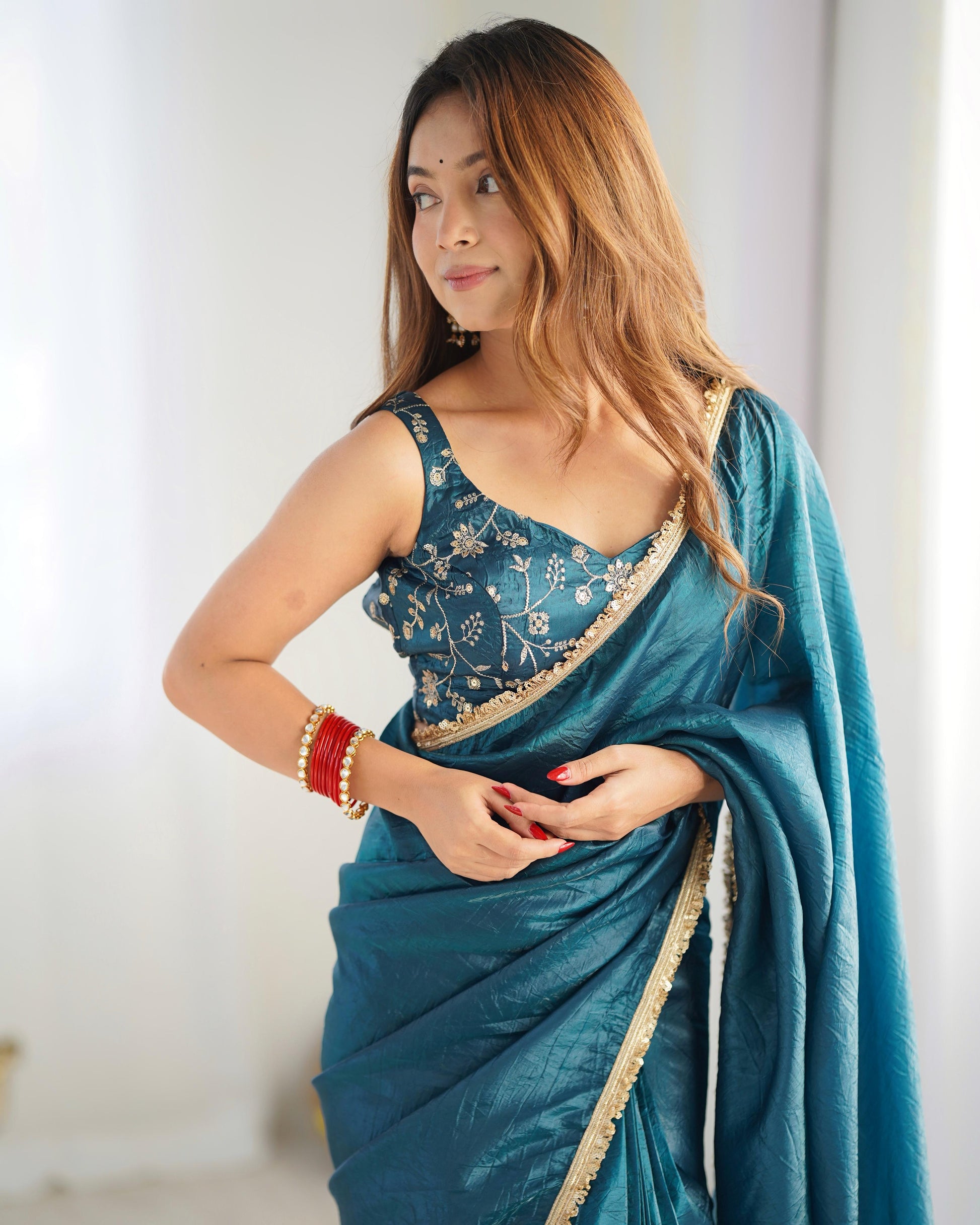 1 Min Ready to Wear Teal Blue Gold Rush Silk Saree Blouse