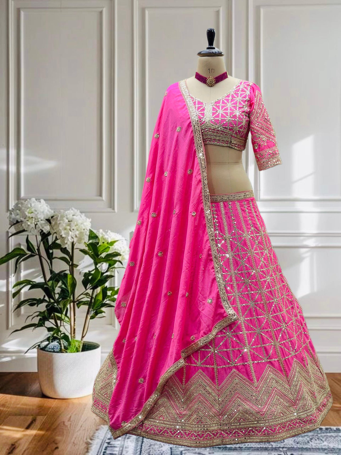 Attractive Pink Colour Silk Fabric Thread Work Long Flair Lehenga Choli