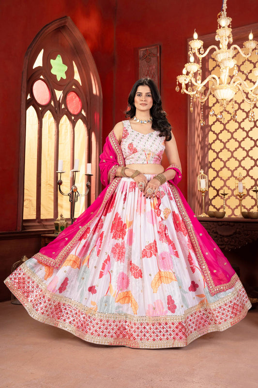 White Designer Lehenga With Digital Floral Print And Embroidered Rani Pink Dupatta Set