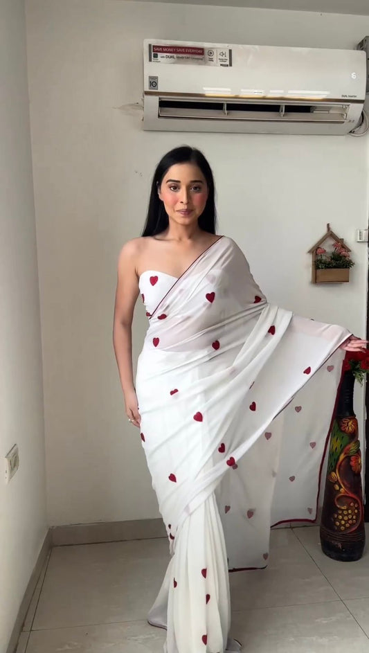 White Georgette Heart Shape Work Ready To Wear Saree