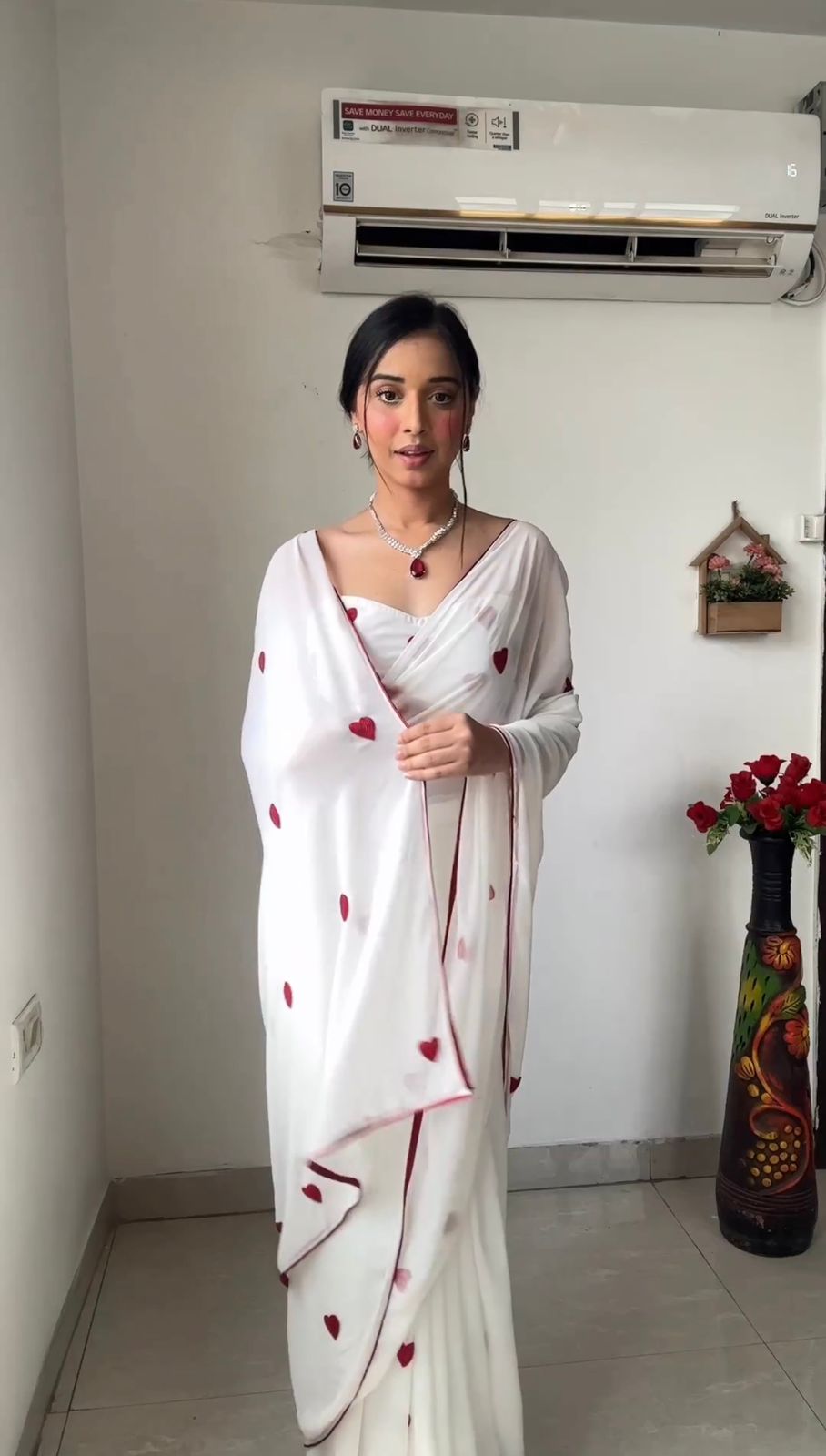 White Georgette Heart Shape Work Ready To Wear Saree