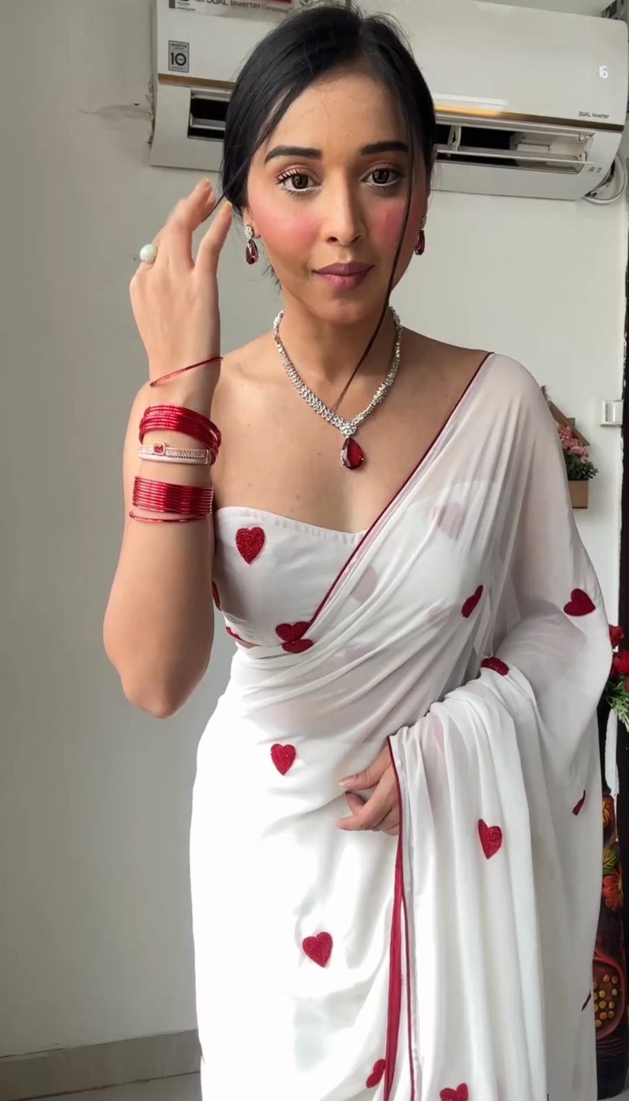White Georgette Heart Shape Work Ready To Wear Saree