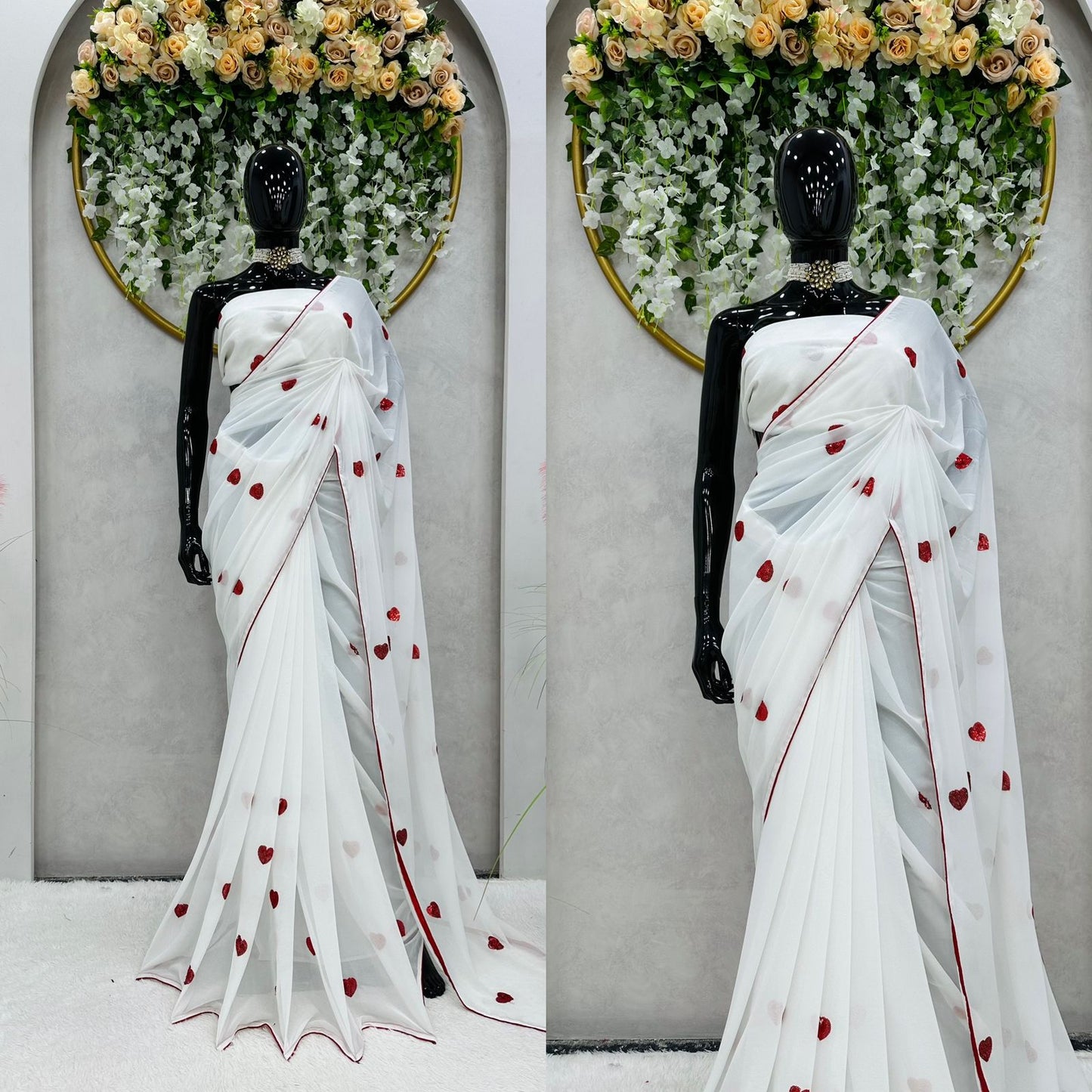 White Georgette Heart Shape Work Ready To Wear Saree