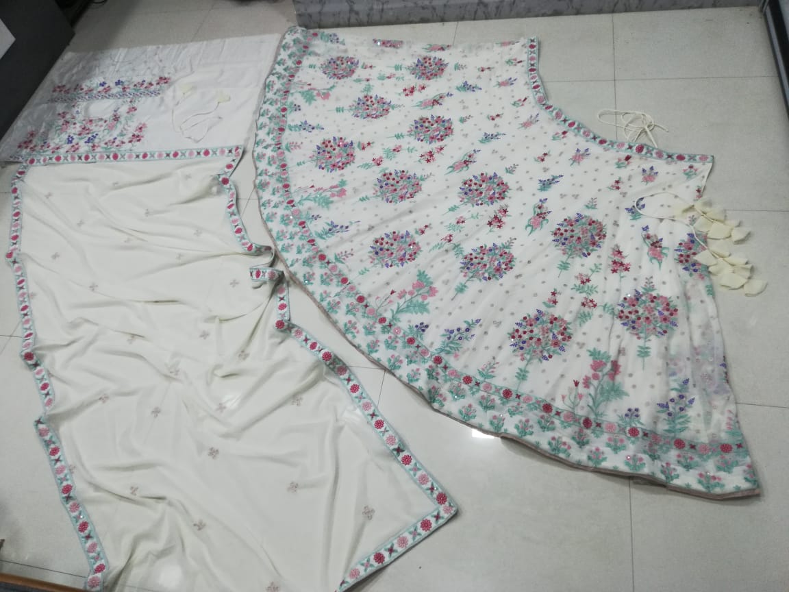 White Georgette Embroidary Worked Wedding Wear Lehenga Choli