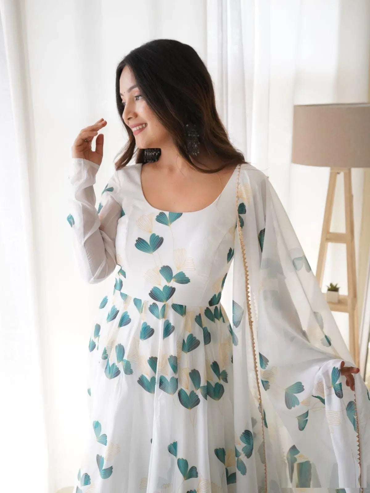 White Readymade Georgette Print Gown Style Frock For Girls Wear