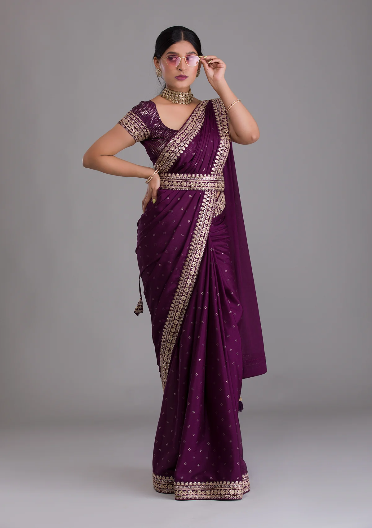 Wedding Wear All Over Foil Work Sequence And Codding Embroidary Border Saree