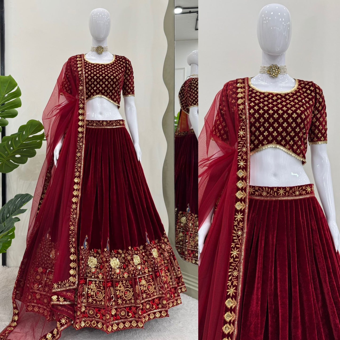 Red color Viscose Velvet Lehenga Choli Winter Collection