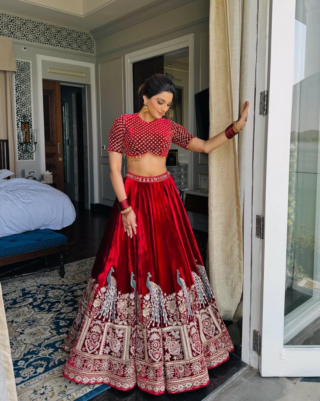 Red color Viscose Velvet Lehenga Choli Winter Collection