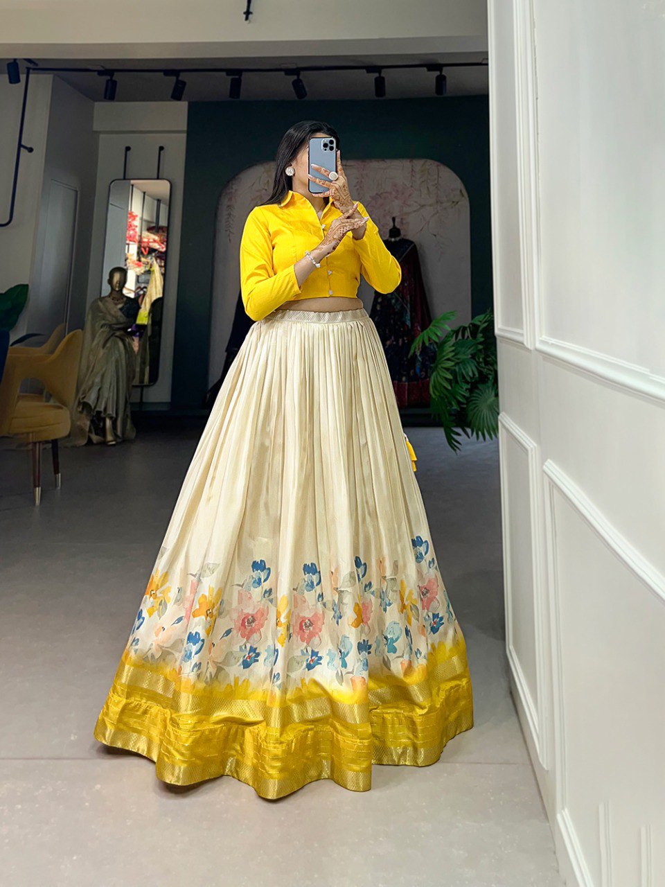 Fully Stitched Yellow Floral Printed Dola Silk Lemon Crop Shirt Lehenga