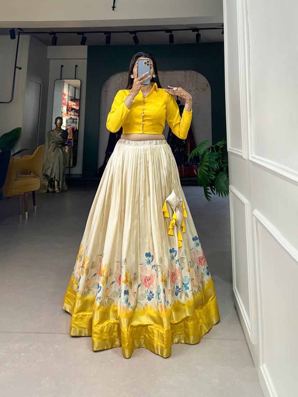 Fully Stitched Yellow Floral Printed Dola Silk Lemon Crop Shirt Lehenga