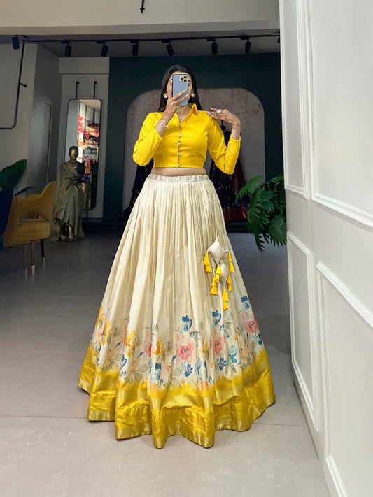 Fully Stitched Yellow Floral Printed Dola Silk Lemon Crop Shirt Lehenga