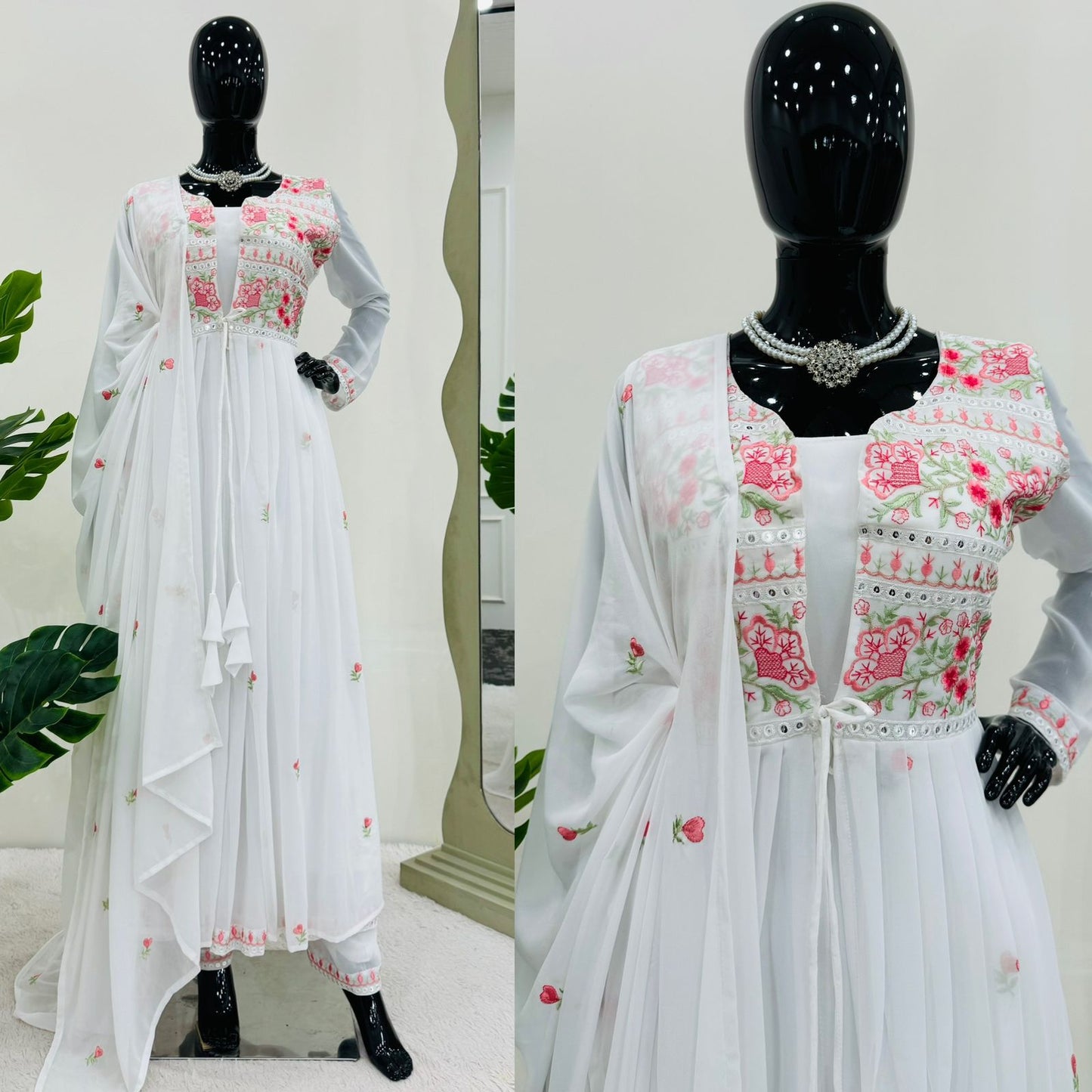Glamorous Black Colour Full Stitch Georgette Gown With Embroidery Worked Shrug