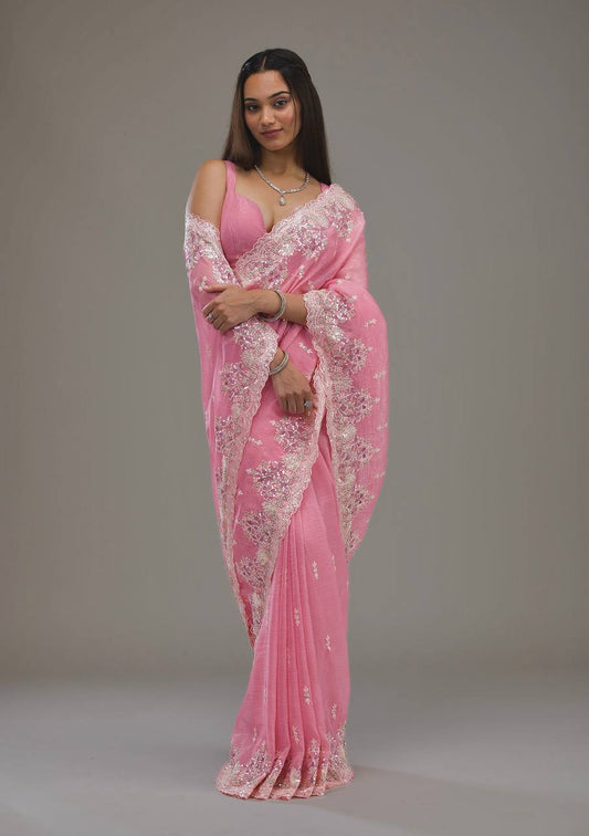 Wedding Wear Pink Color Silk Embroidered Saree Blouse For Women
