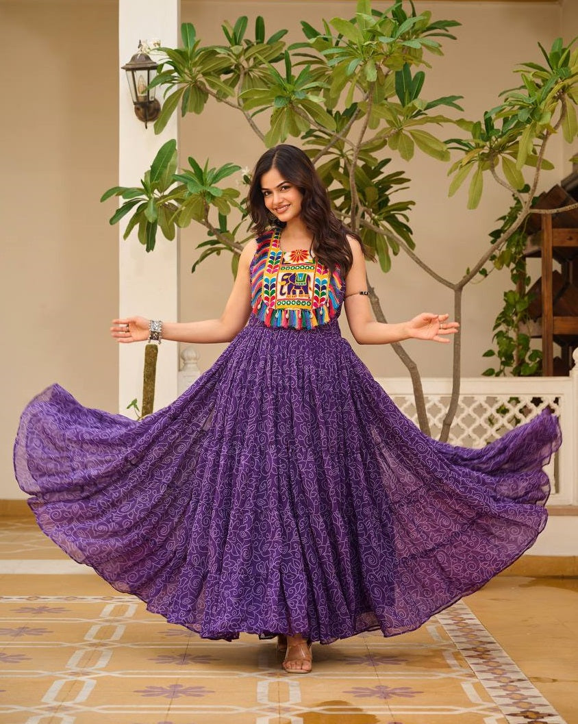 Ready to Wear Full Flair Bandhej Gown For Girls