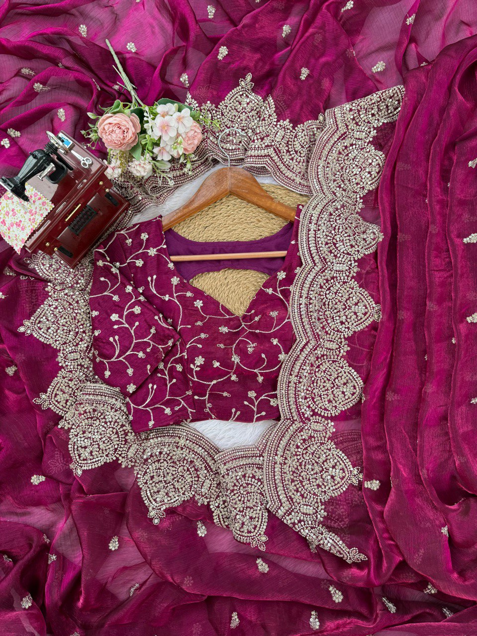 Fendi Chiffon Saree With Thread Work And Matching Embroidered Blouse