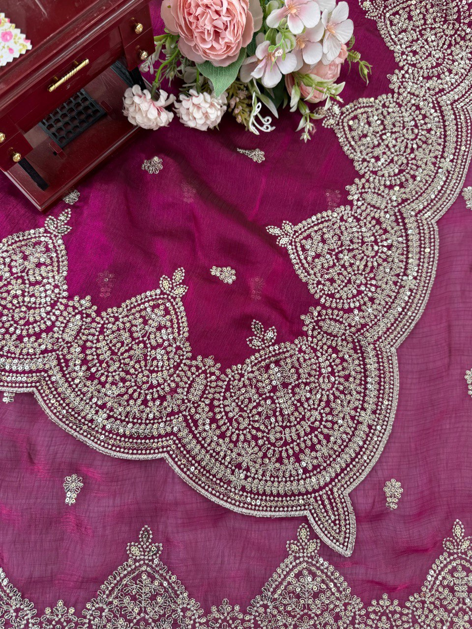 Fendi Chiffon Saree With Thread Work And Matching Embroidered Blouse