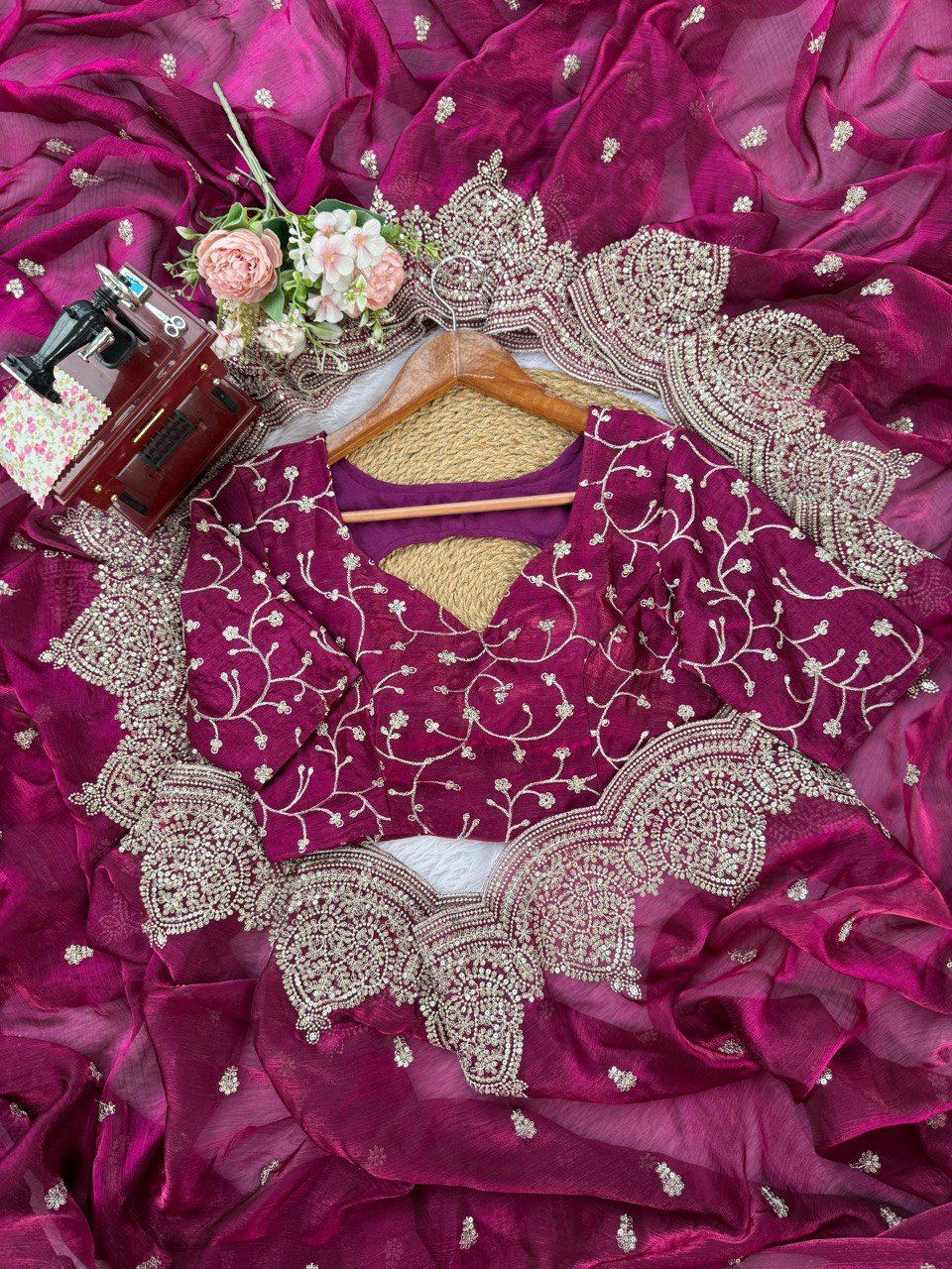 Fendi Chiffon Saree With Thread Work And Matching Embroidered Blouse