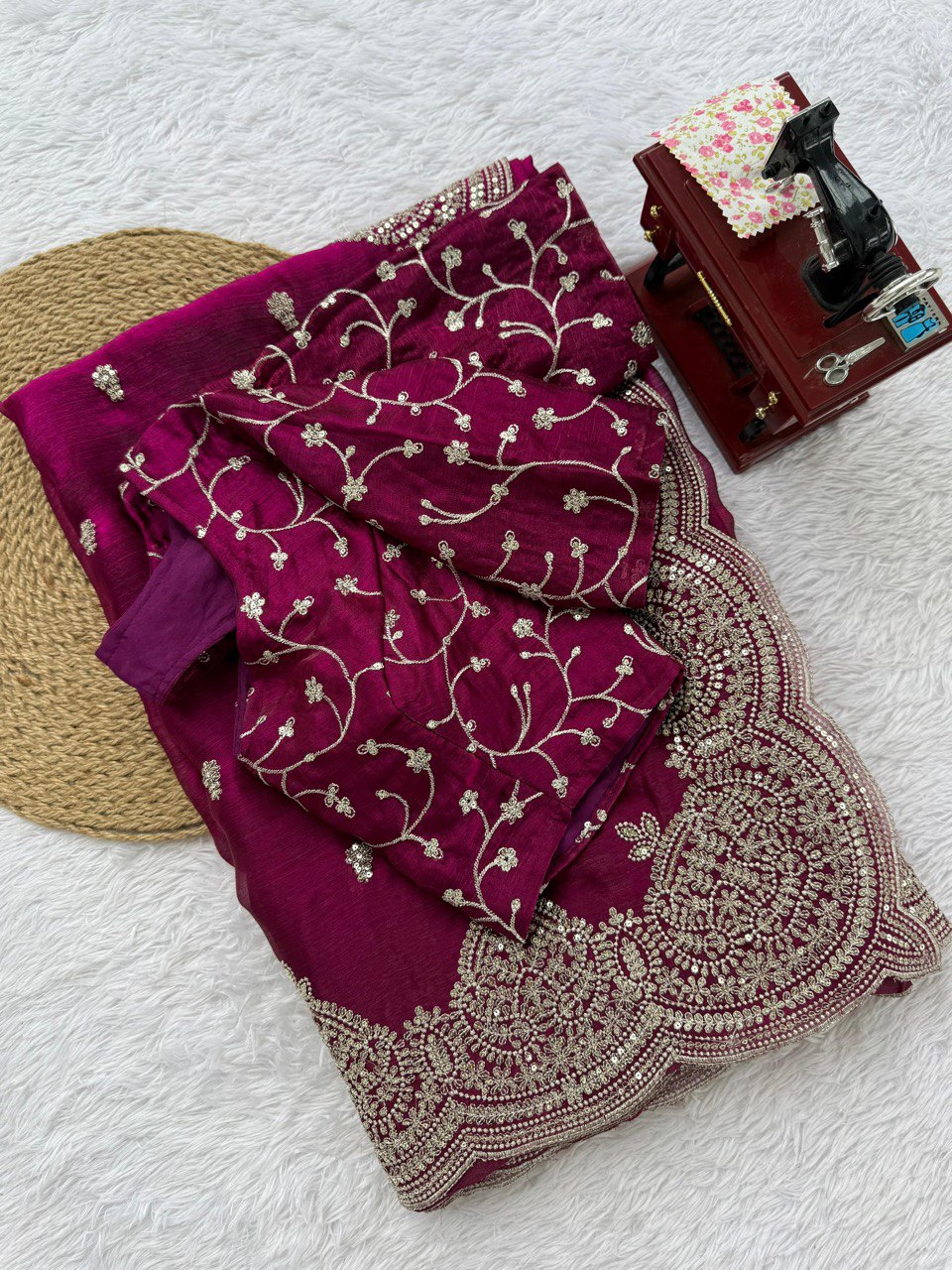 Fendi Chiffon Saree With Thread Work And Matching Embroidered Blouse