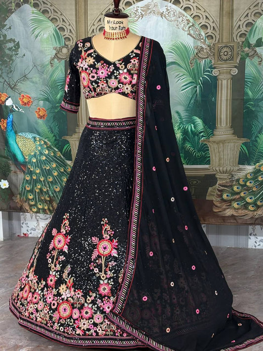 Midnight Black Georgette Sequence Work Party Wear Lehenga Choli
